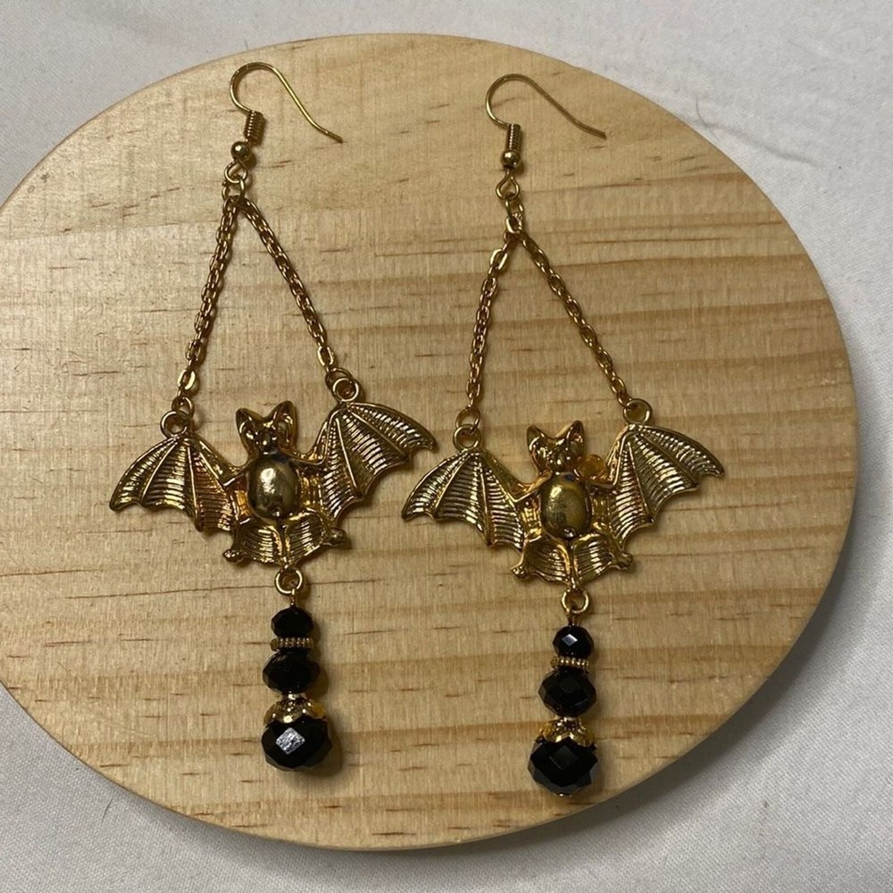 Bat Dangle Earrings Gothic Halloween Costume Vampire Statement Gold-tone 2in